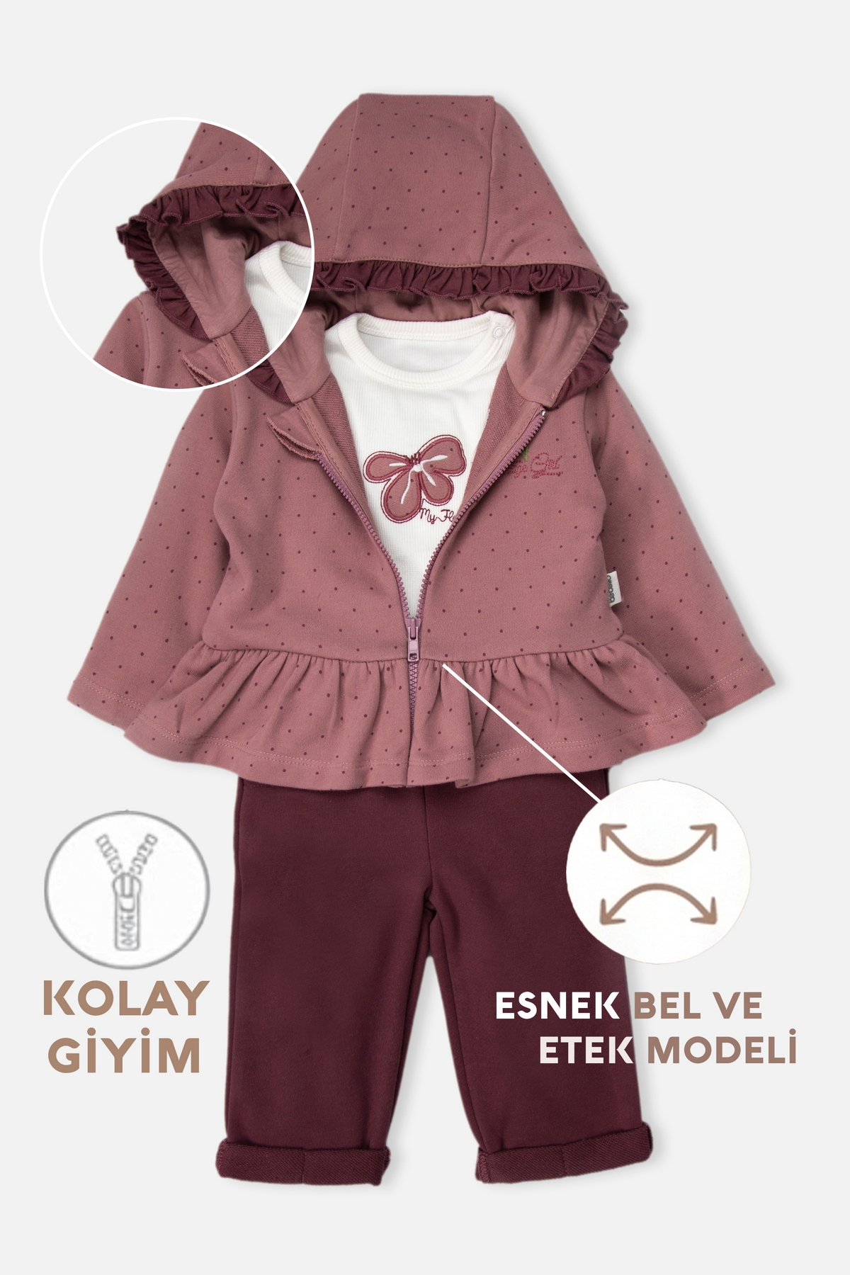 ÜÇ İP KAPŞONLU HIRKA 3LÜ TAKIM (VINTAGE GIRL) GÜL KURUSU