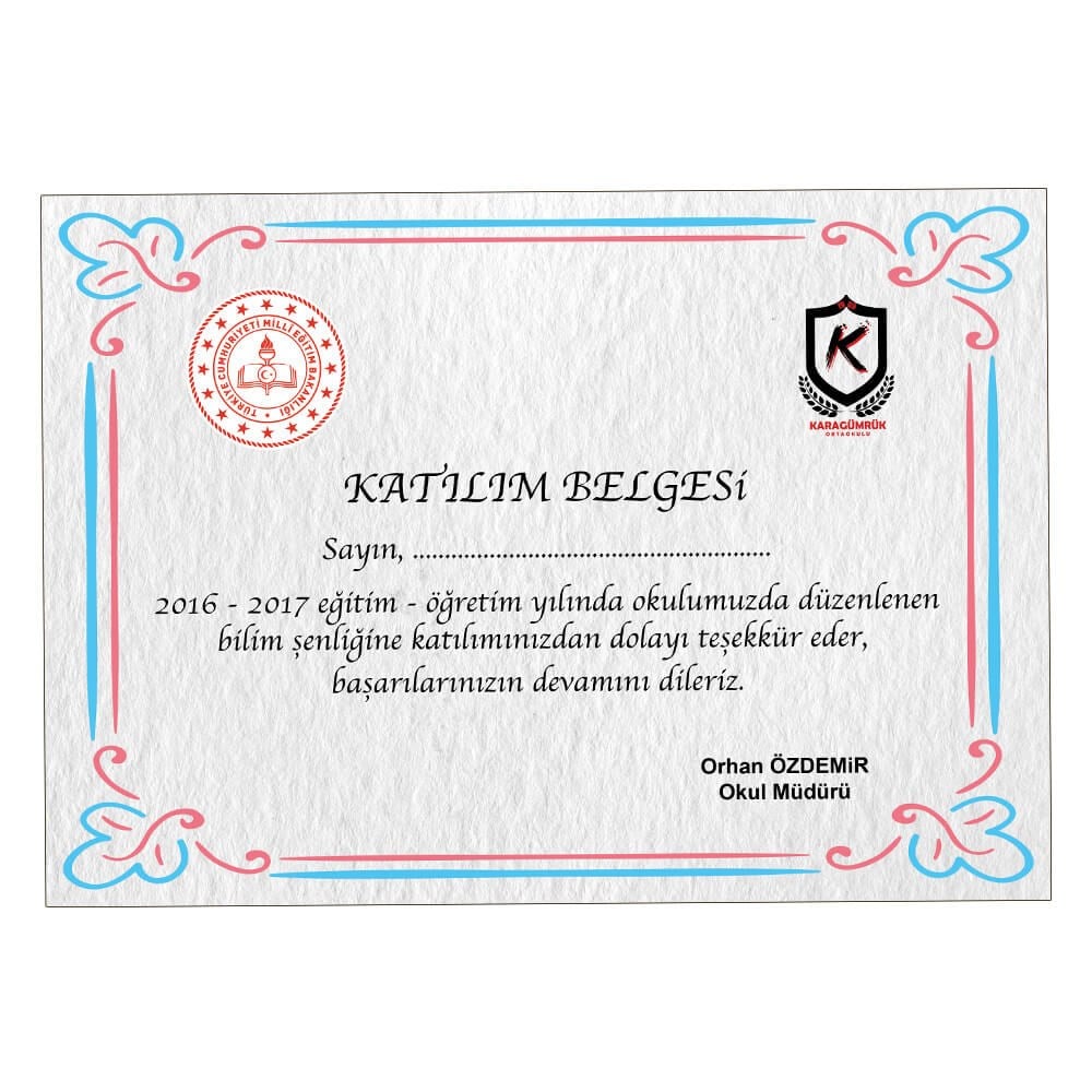 Bilim Fuarı Katılım Belgesi 1