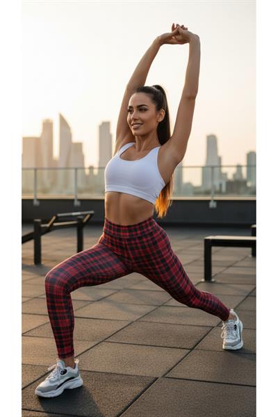 Kadın Kareli Oduncu Desenli Yüksek Bel Toparlayıcı Spor Tayt Yoga Pilates Fitness Taytı