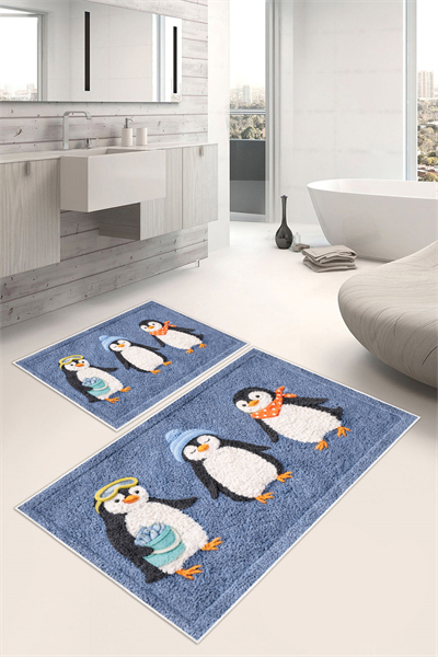 Penguen Desenli Dijital Baskılı Yıkanabilir 2li Banyo Paspası (50x60-60x100)