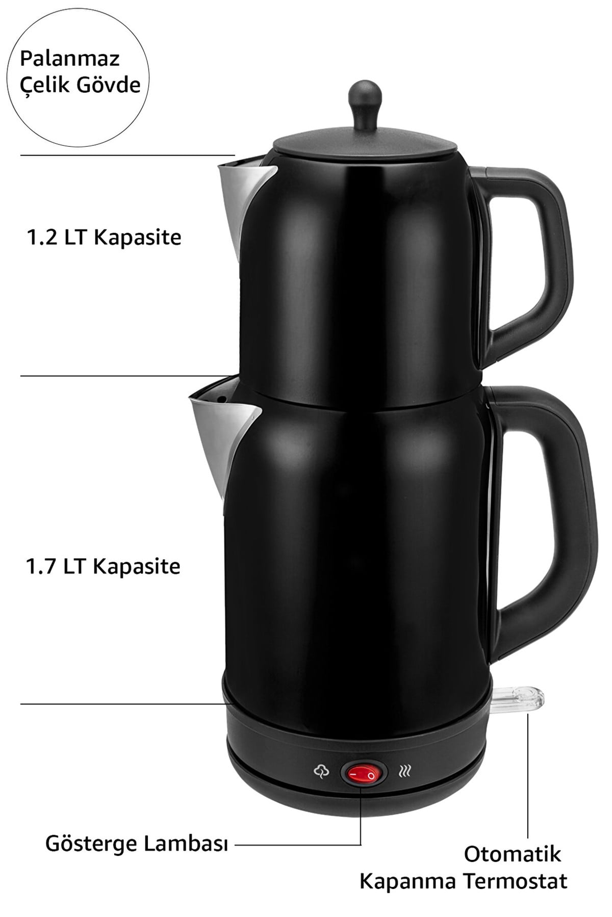Fresco 2si 1 Arada Siyah Paslanmaz Çelik Çay Makinesi & Su Isıtıcı Kettle