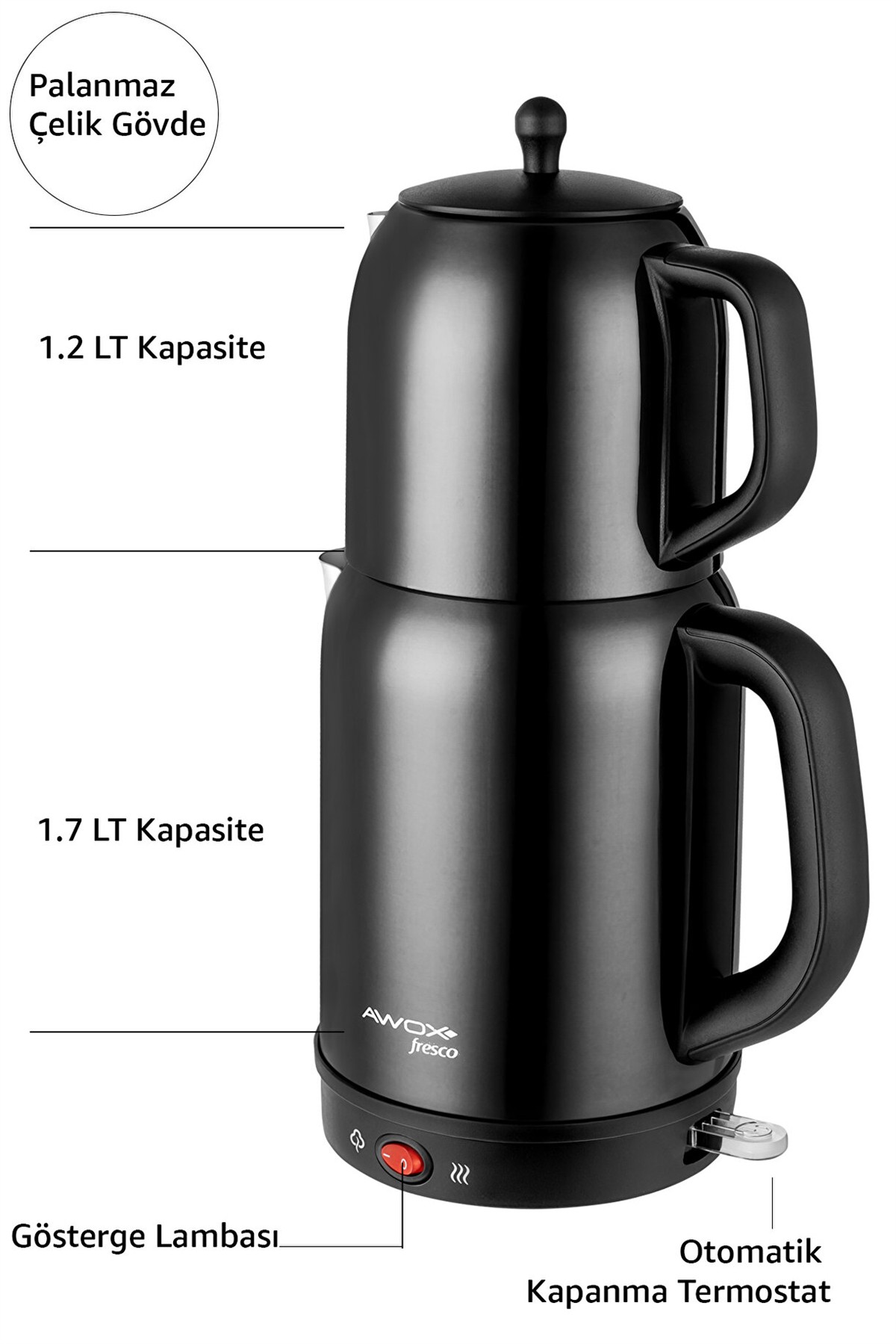 Fresco 2si 1 Arada Siyah Paslanmaz Çelik Çay Makinesi & Su Isıtıcı Kettle