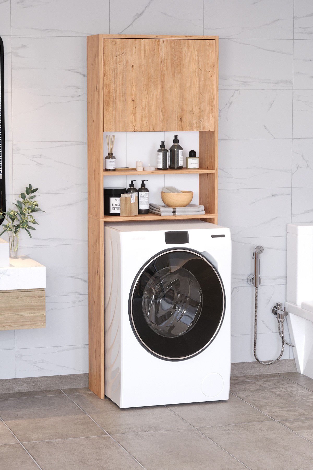 Çamaşır Makinesi DolabıPlato Çamaşır Makinesi Dolabı 4 Raflı 2 Kapaklı Çamaşır Makinesi Dolabı Banyo Dolabı