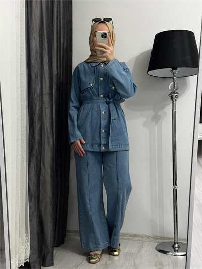 Gold Düğmeli Kuşaklı Denim Takım