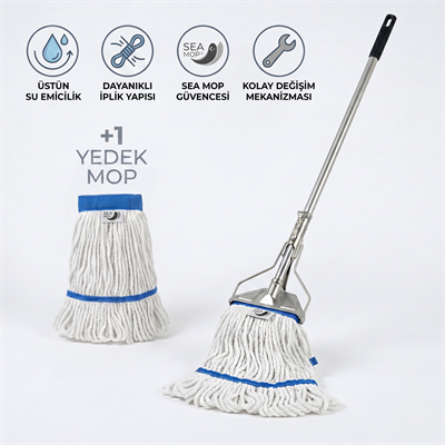 Ekstra Islak Mop Dar 350 gr Temizlik Seti (Dar Metal Yaylı Sap 130 Cm - Ekstra Islak Mop Dar 350 gr +1 Yedek Mop ile) 