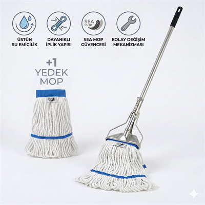 Ekstra Islak Mop Dar - 500 gr Temizlik Seti (Dar Metal Yaylı Sap 130 Cm - Ekstra Islak Mop Dar - 500 gr +1 Yedek Mop ile)