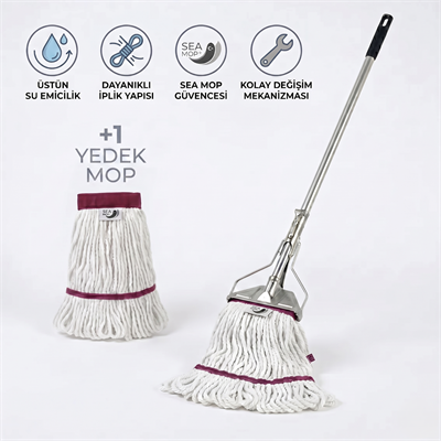Ekstra Islak Mop Dar Ekru 375 Gr Temizlik Seti (Dar Metal Yaylı Sap 130 Cm - Ekstra Islak Mop Dar Ekru 30x70 - 375 gr - +1 Yedek mop ile)