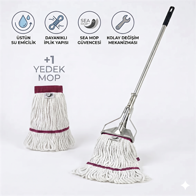 Ekstra Islak Mop Dar Ekru 375 Gr Temizlik Seti (Dar Metal Yaylı Sap 130 Cm - Ekstra Islak Mop Dar Ekru 30x70 - 375 gr - +1 Yedek mop ile)
