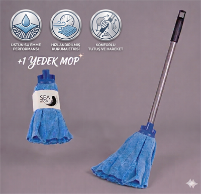 Havlu Mop Seti (Galvanizli Vidalı Metal Sap 120 Cm - Havlu Mop - +1 Yedek Mop ile)
