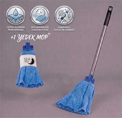 Havlu Mop Seti (Galvanizli Vidalı Metal Sap 120 Cm - Havlu Mop - +1 Yedek Mop ile)
