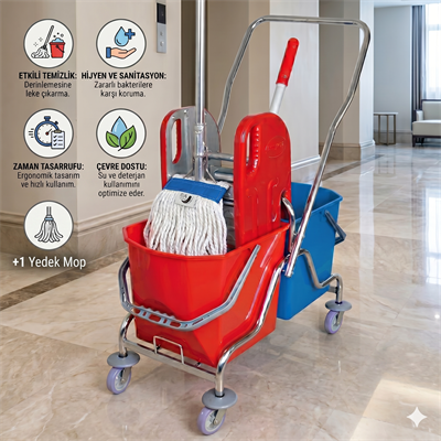 Krom Çift Kovalı Temizlik Seti - Çelik Pres - Dar Metal Sap 130 Cm - Ekstra Islak Mop Dar Ekru 375 Gr - +1 Yedek Mop ile