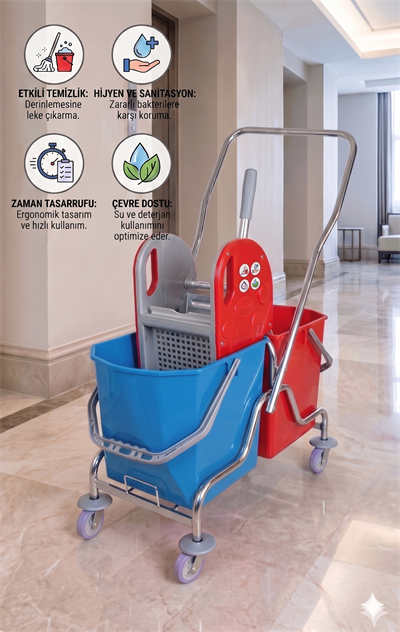 Krom Çift Kovalı Temizlik Seti - Plastik Presli