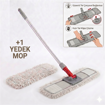 Nemli Mop Temizlik Seti (Galvanizli Vidalı Metal Sap- 120 Cm Tel Aparat 40 Cm- Ekstra Nemli Mop 40 Cm ve +1 Yedek Mop ile)