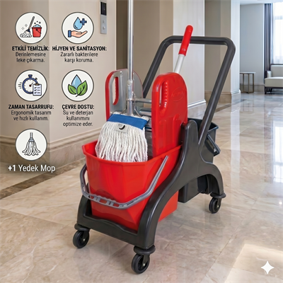 Plastik Çift Kovalı Temizlik Seti - Plastik Pres - Çift Kova - Dar Metal Sap 130 Cm - Ekstra Islak Mop Dar Ekru 375 Gr - +1 Yedek Mop ile