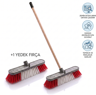 Sert Yer Fırçası Seti (Vidalı Gürgen Sap Extra - 150 Cm - Sert Yer Fırçası 25 Cm - +1 Yedek Fırça ile)
