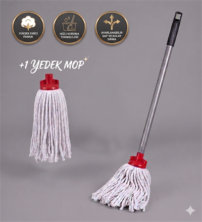Vidalı Mop Seti (Galvanizli Vidalı Metal Sap 120 Cm - Vidalı Mop - +1  Yedek Mop ile)