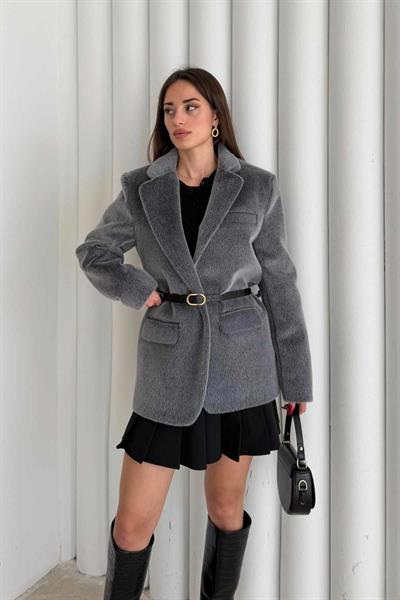 Gri Peluş Tüylü Blazer Ceket