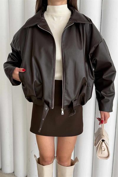 Oversize Kemer Detaylı Deri Bomber Ceket