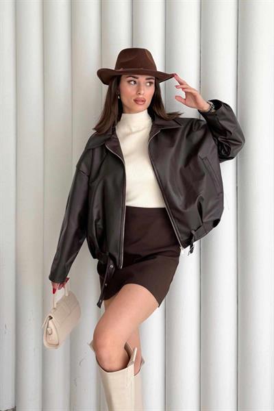 Oversize Kemer Detaylı Deri Bomber Ceket