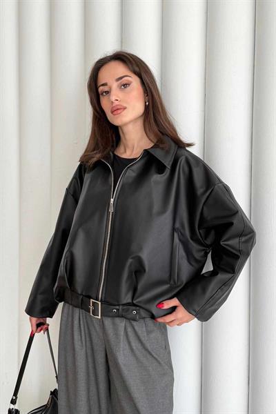 Oversize Kemer Detaylı Siyah Deri Bomber Ceket