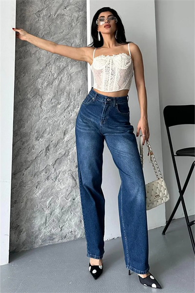 Lacivert Straight Fit Yüksek Bel Jean