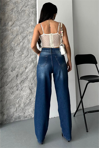 Lacivert Straight Fit Yüksek Bel Jean