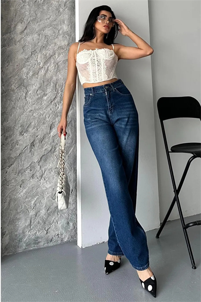 Lacivert Straight Fit Yüksek Bel Jean