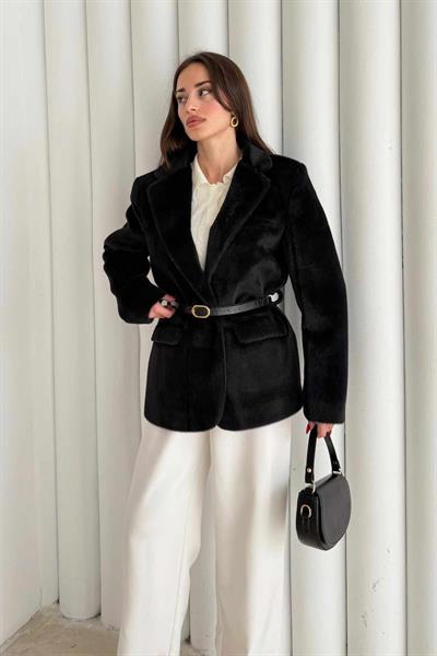 Siyah Peluş Tüylü Blazer Ceket