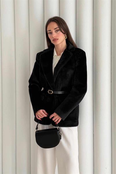 Siyah Peluş Tüylü Blazer Ceket