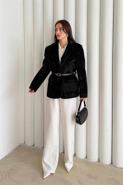 Siyah Peluş Tüylü Blazer Ceket