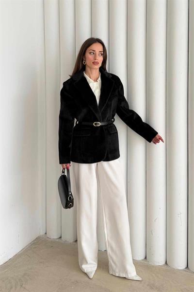 Siyah Peluş Tüylü Blazer Ceket