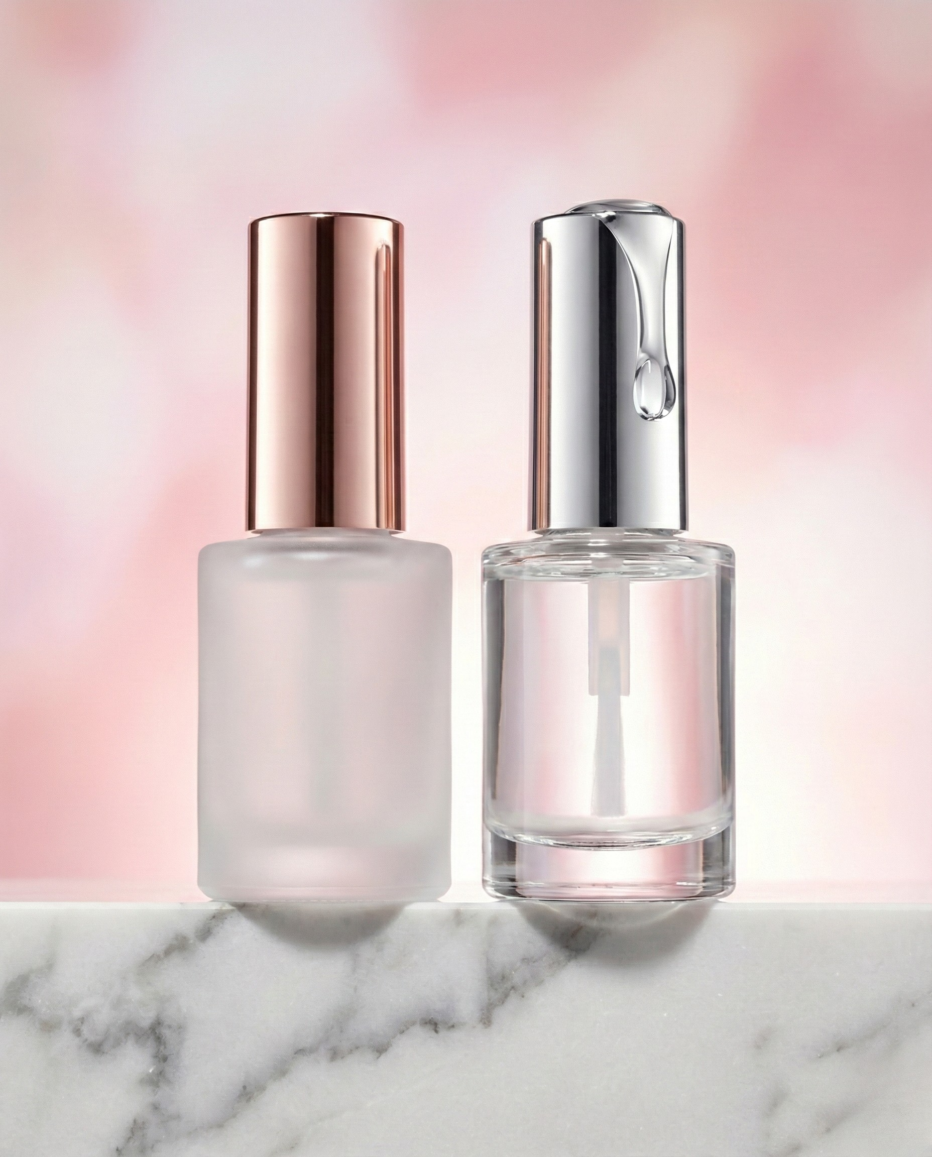 Kalıcı oje uygulaması için kullanılan şeffaf base coat ve parlak bitişli top coat şişeleri yan yana.