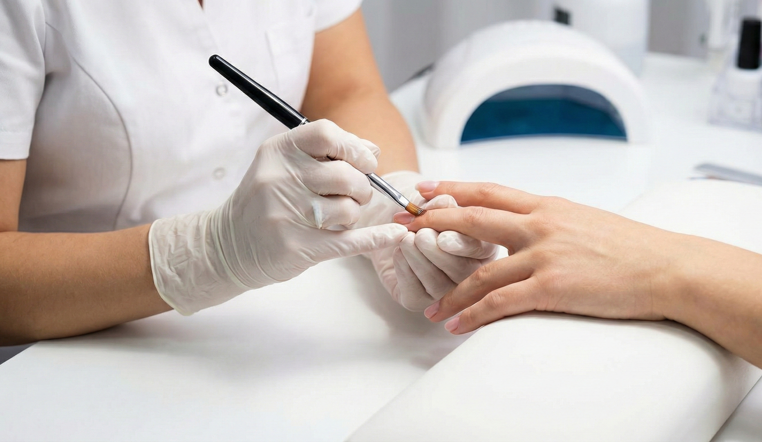Profesyonel bir tırnak uzmanının fırça ve özel sıvısı ile Polygel tırnak uygulaması yaparken yakın çekim görüntüsü.