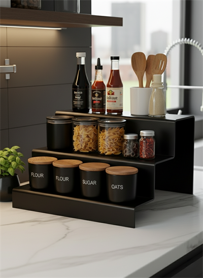 3 Katlı Pleksi Düzenleyici Stand – Mutfak Kullanımı İçin Çok Amaçlı Organizer - Siyah Renk