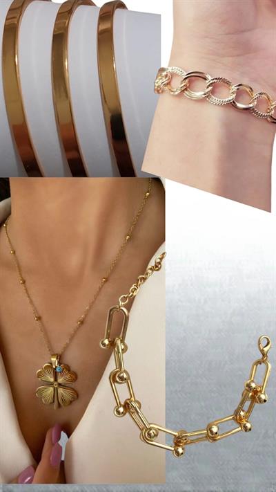 Altın Renk 4 Yapraklı Yonca Uzun Arpa Kolye  Kadın Premium KalAltın Renk 3 Adet Kalın Ajda Bilezik, Bileklikite Blanca Tifany Gold Zincir Kadın Gold Lüx Detaylı Çift Zincir Samanyolu Bileklikik