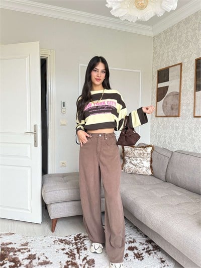 BELİ LASTİKLİ TENSEL PANTOLON-KAHVE
