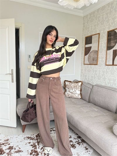 BELİ LASTİKLİ TENSEL PANTOLON-KAHVE