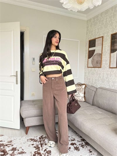 BELİ LASTİKLİ TENSEL PANTOLON-KAHVE