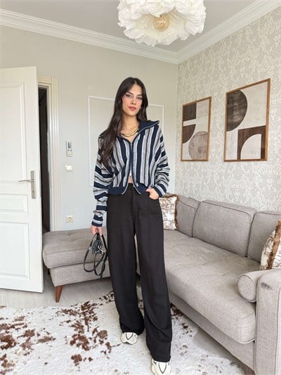 BELİ LASTİKLİ TENSEL PANTOLON-SİYAH