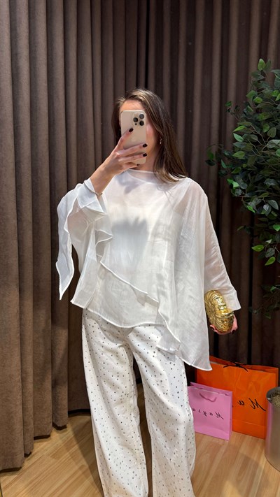 BEYAZ PELERİN MODEL TÜL BLUZ