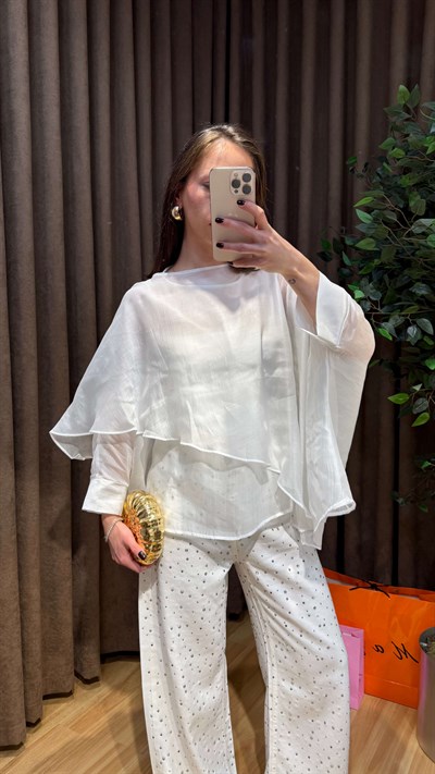 BEYAZ PELERİN MODEL TÜL BLUZ