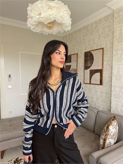 ÇİFT FERMUARLI ÇİZGİLİ HIRKA-LACİVERT-KAHVE