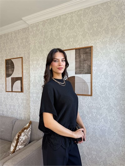 DANTEL DETAYLI TRİKO KAZAK-SİYAH