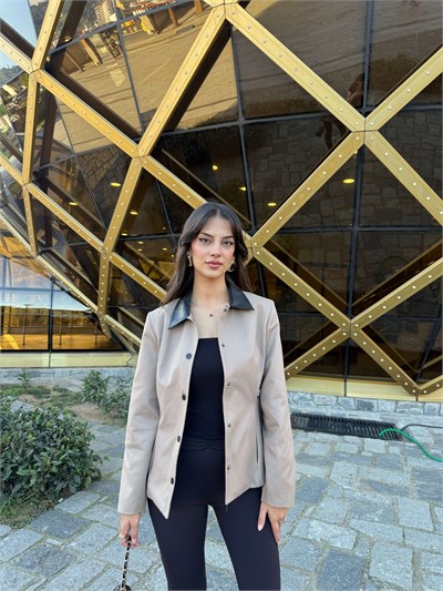 DERİ YAKALI BELDEN OTURTMALI CEKET-TAŞ