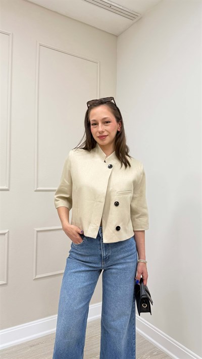 DİK YAKA CROP KETEN CEKET-BEJ
