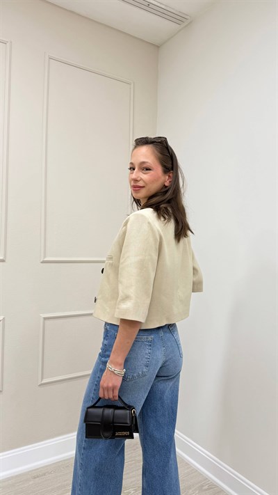 DİK YAKA CROP KETEN CEKET-BEJ