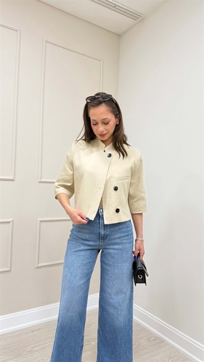 DİK YAKA CROP KETEN CEKET-BEJ