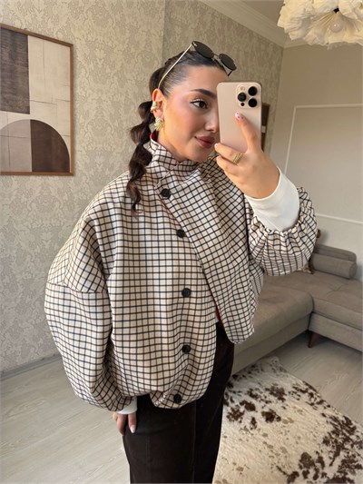 GARNİLİ BEJ EKOSE CEKET