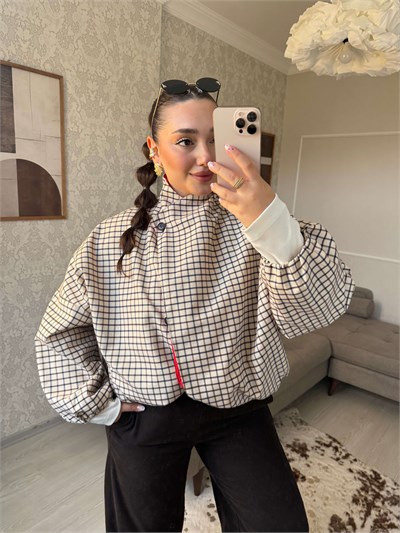 GARNİLİ BEJ EKOSE CEKET