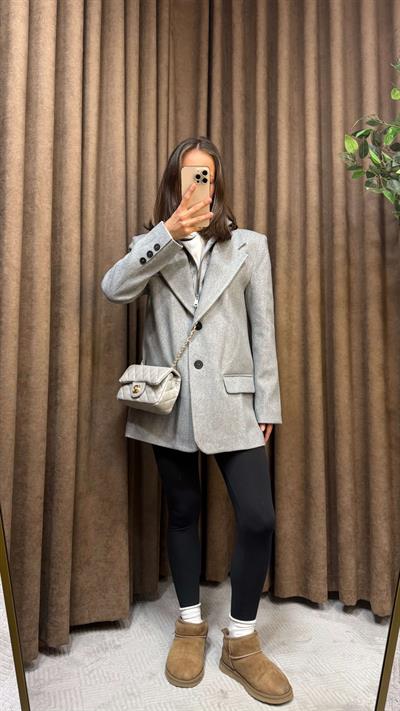 GRİ HIRKA DETAYLI KAPÜŞONLU BLAZER CEKET